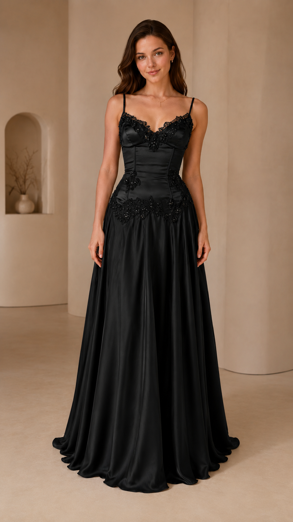 Black embroidered satin-look spaghetti strap maxi evening dress front view