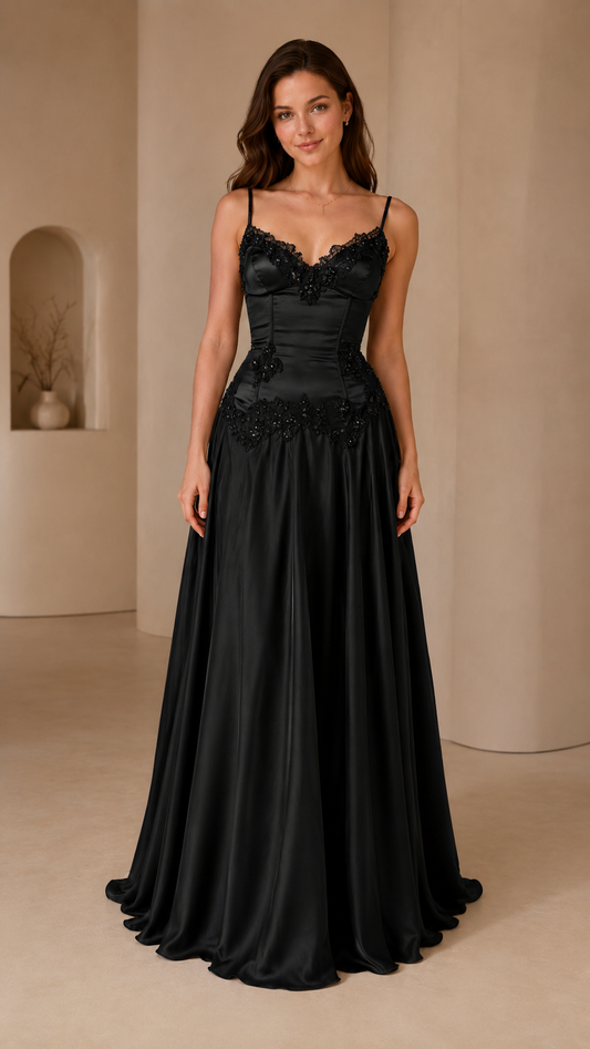 Black embroidered satin-look spaghetti strap maxi evening dress front view