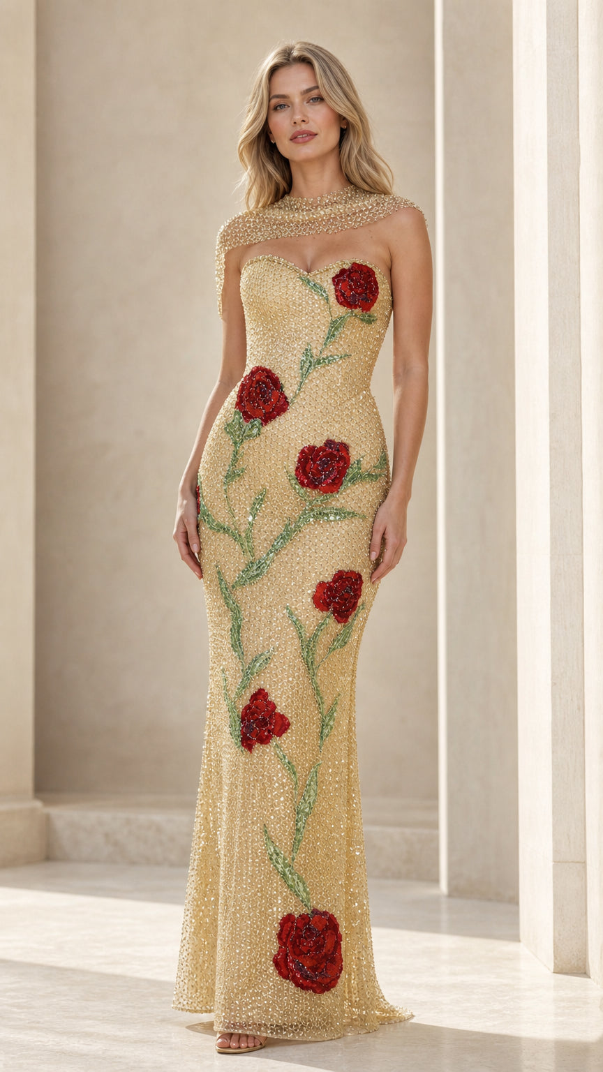 Front view of model wearing gold glitter evening gown with red roses