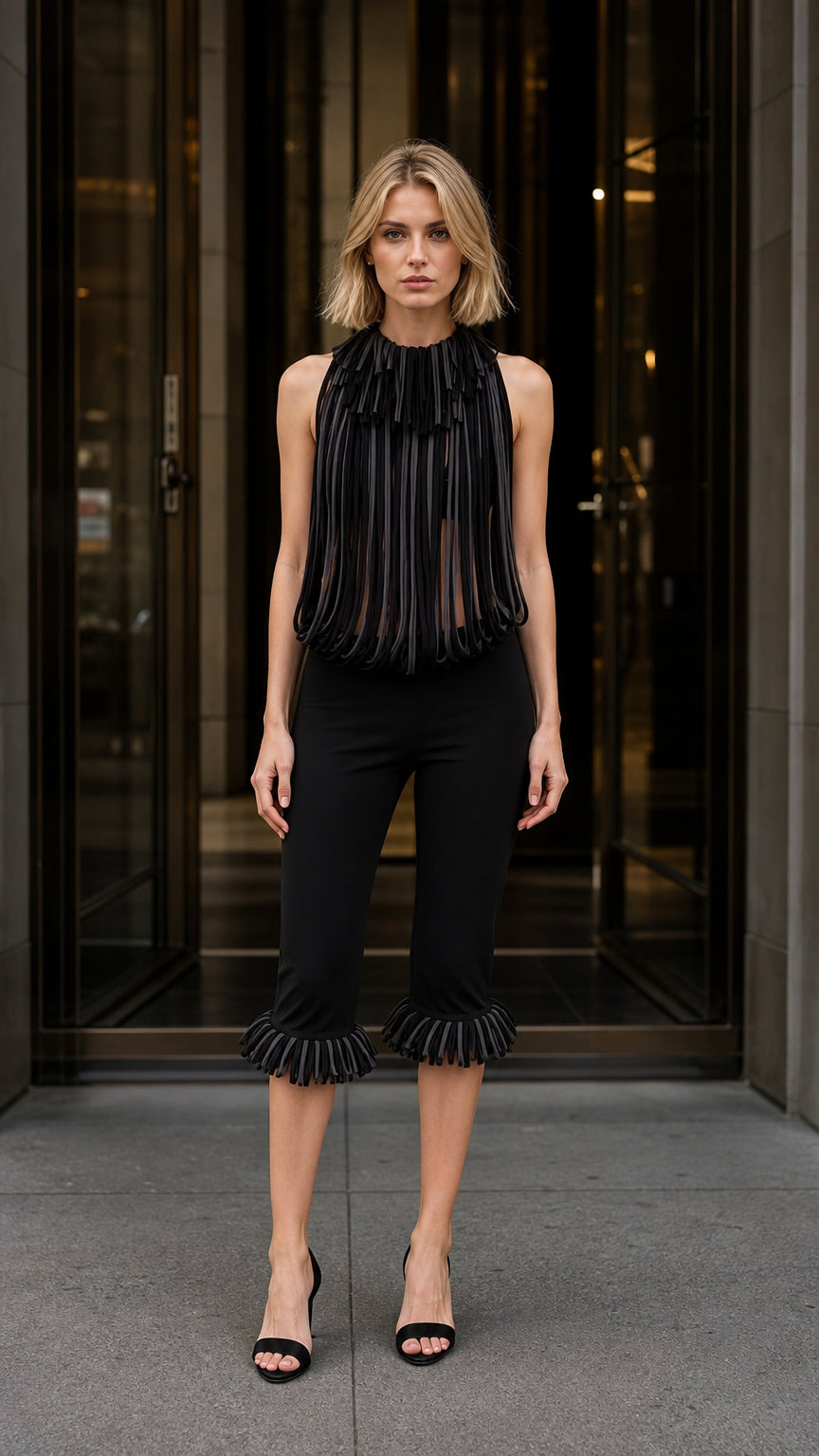 Front view of black avant-garde pleated fringe halter top and cropped pants set
