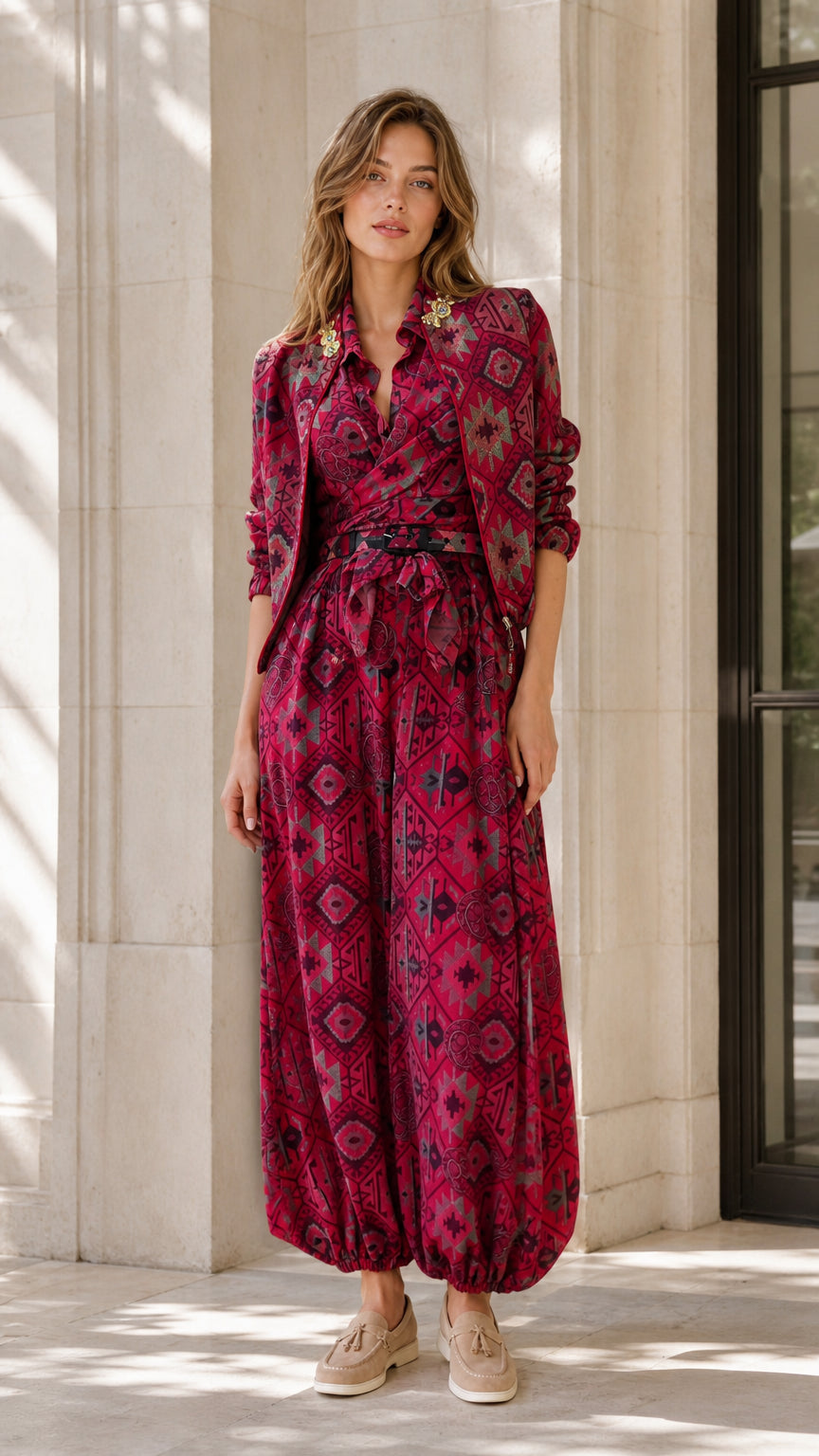 Model wearing burgundy geometric print shirt and harem jumpsuit set from the front