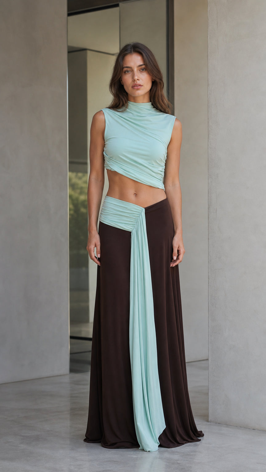 Front view of mint and brown two-piece maxi dress set