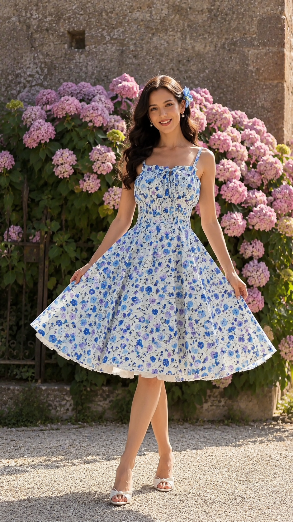 Front view of blue floral smocked midi sundress with tie-front neckline and spaghetti straps