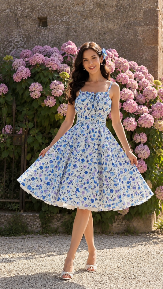 Front view of blue floral smocked midi sundress with tie-front neckline and spaghetti straps