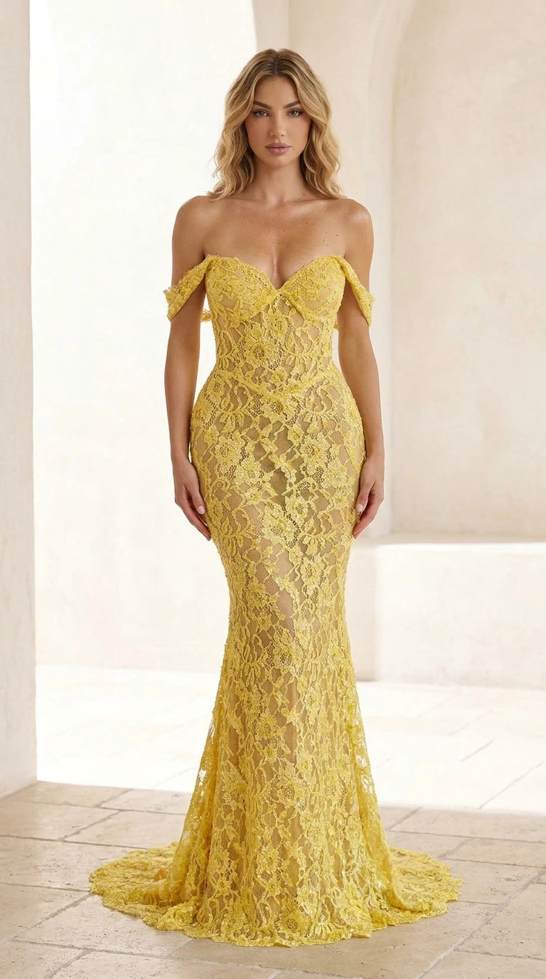 Front view of yellow off-the-shoulder lace mermaid evening gown