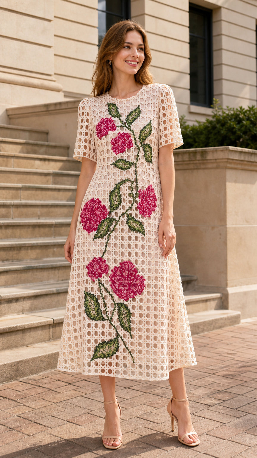 Front view of woman wearing beige floral embroidered midi dress