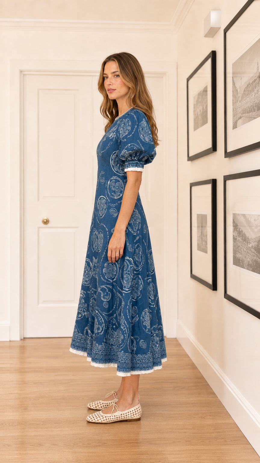 Side profile of woman wearing blue embroidered midi dress