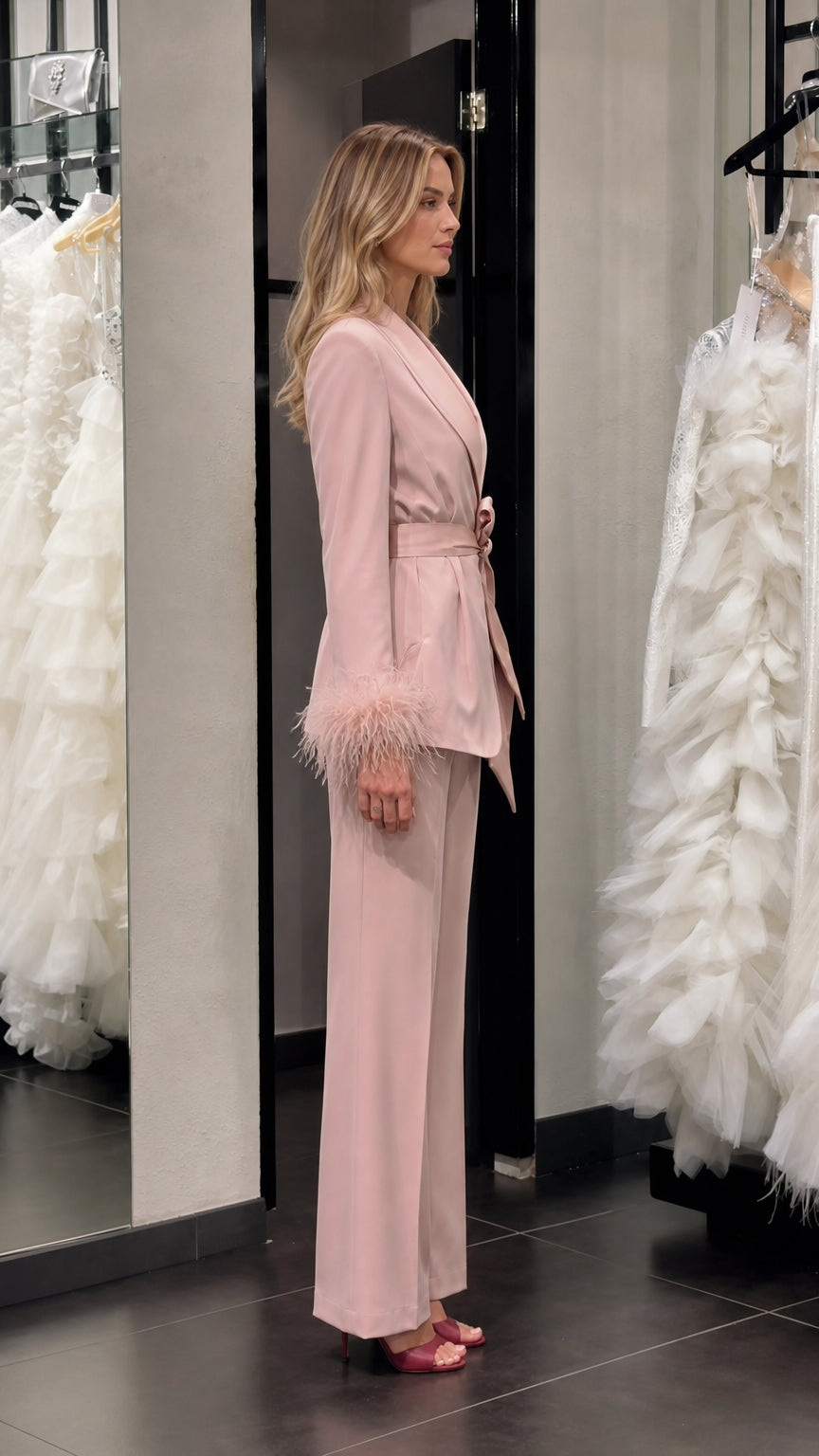 Model wearing pink satin feather cuff pantsuit side profile