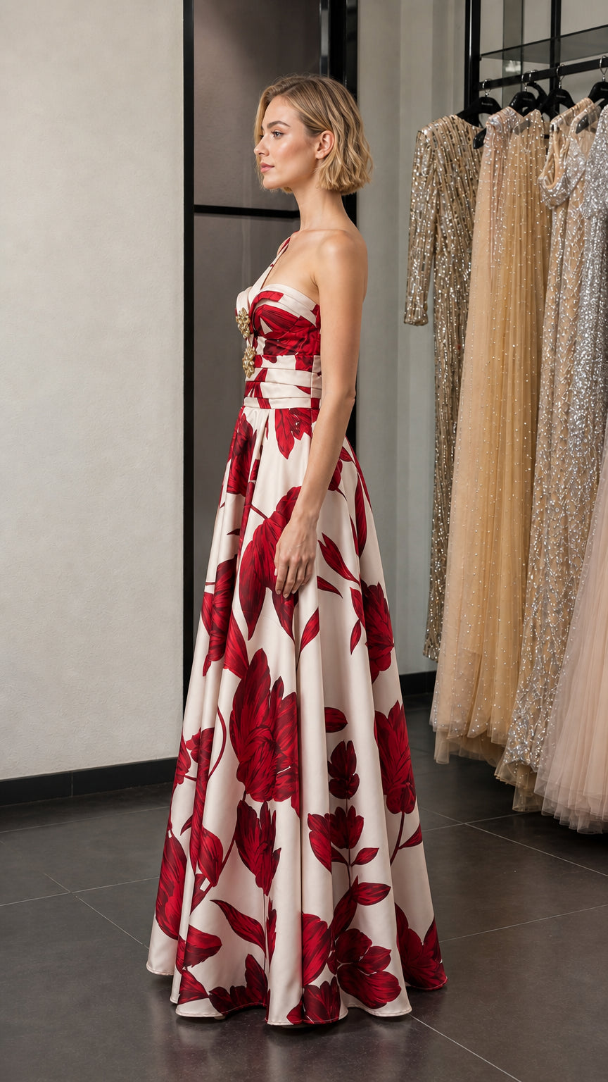 Side profile view of the floral print maxi dress