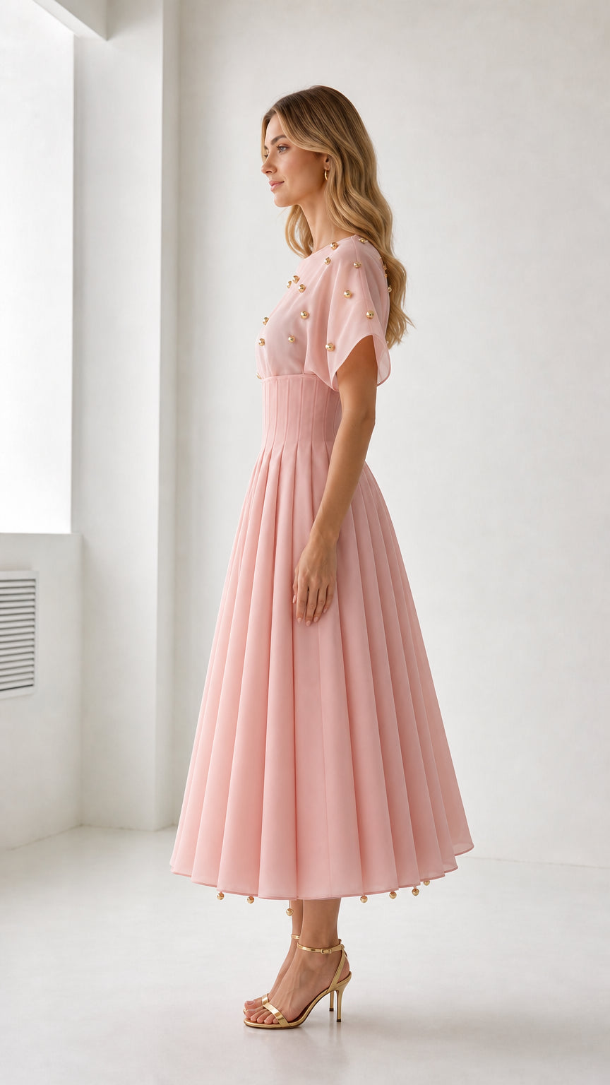 Side view of pink midi dress showing fitted waist silhouette