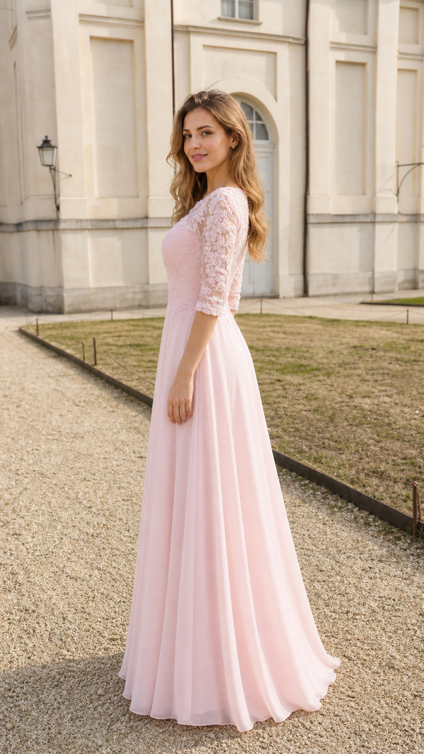 Side profile view of pink lace evening dress