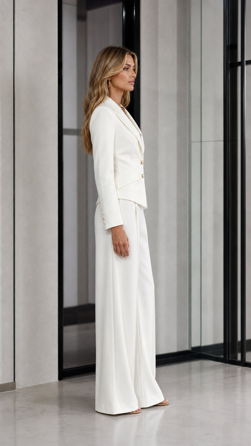 Side profile of woman in white pant suit showing structured blazer and high-waist trousers