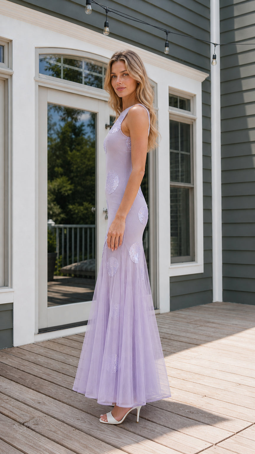 Side profile view of lavender mesh evening dress