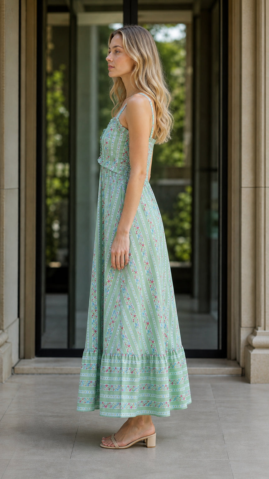 Side profile view of green floral striped maxi dress