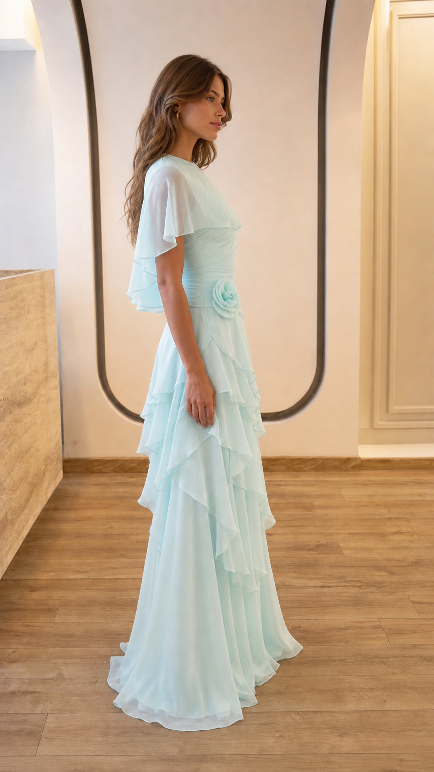 Side profile of light blue evening gown