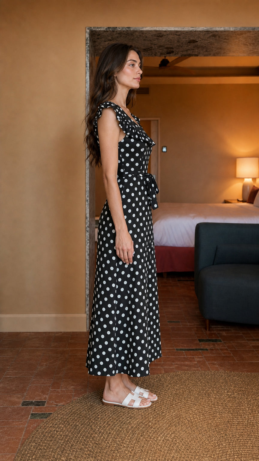 Side profile of woman wearing black polka dot midi dress