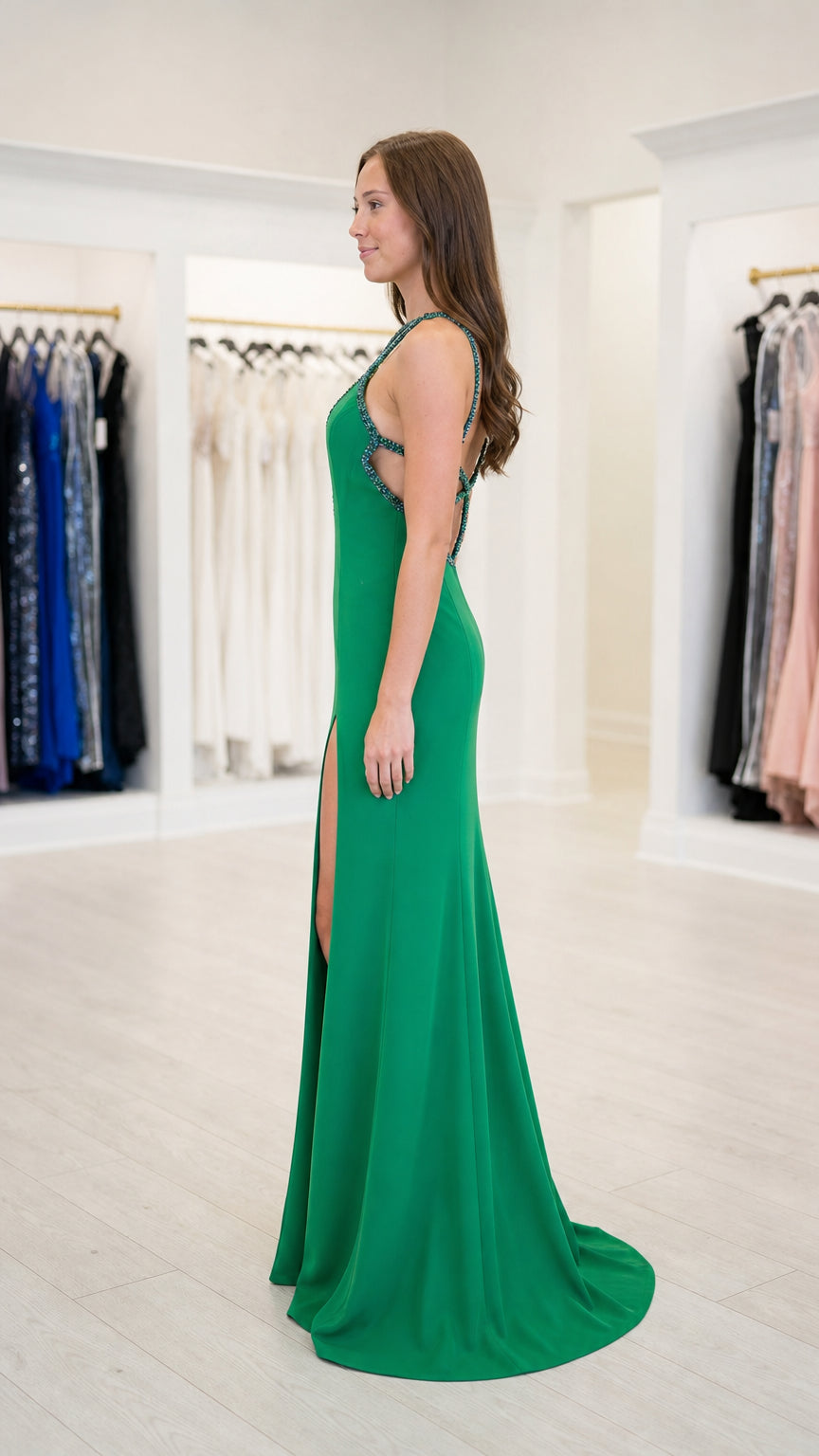 Side profile view of green formal gown