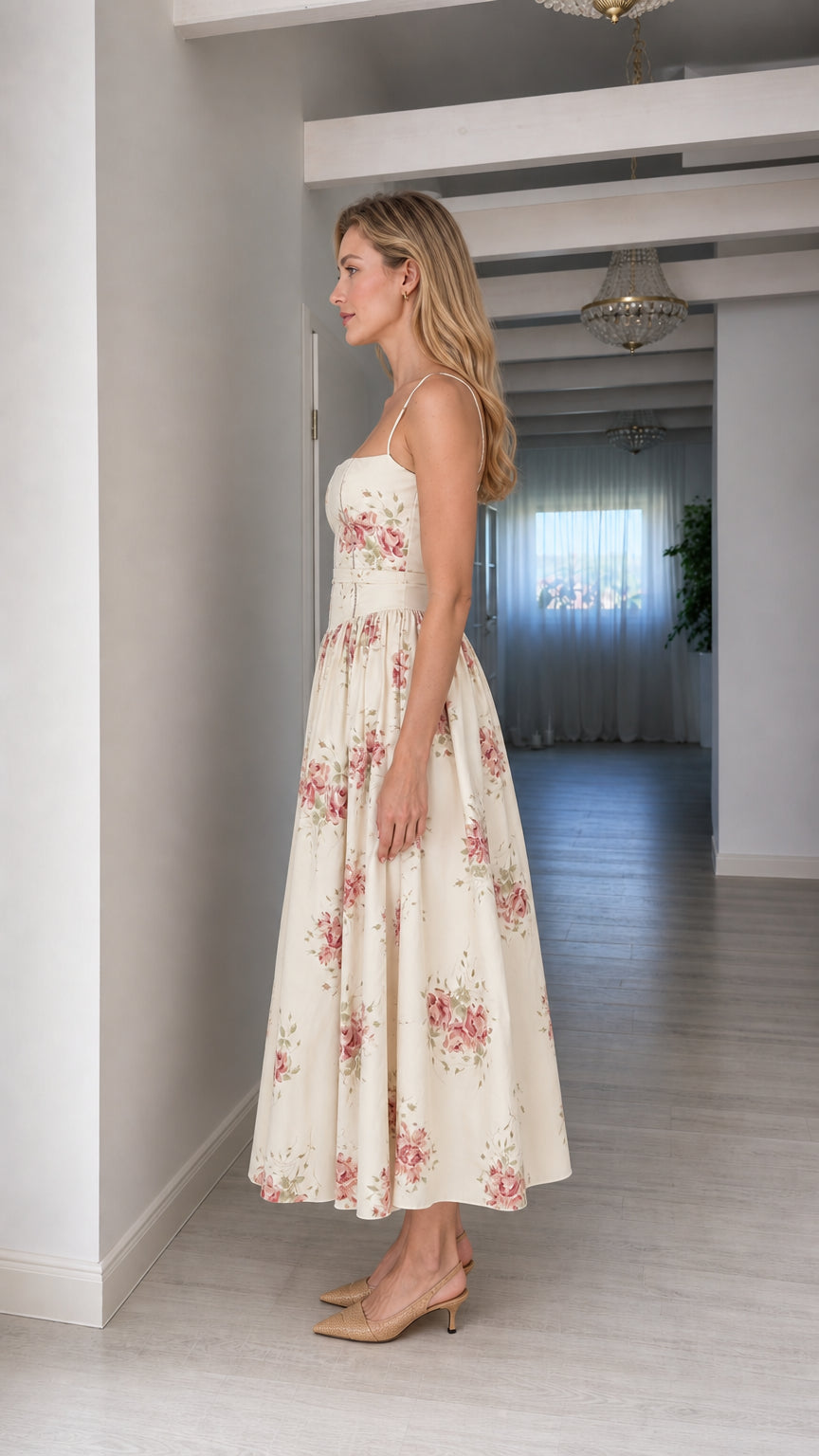 Side profile of woman wearing cream floral midi dress