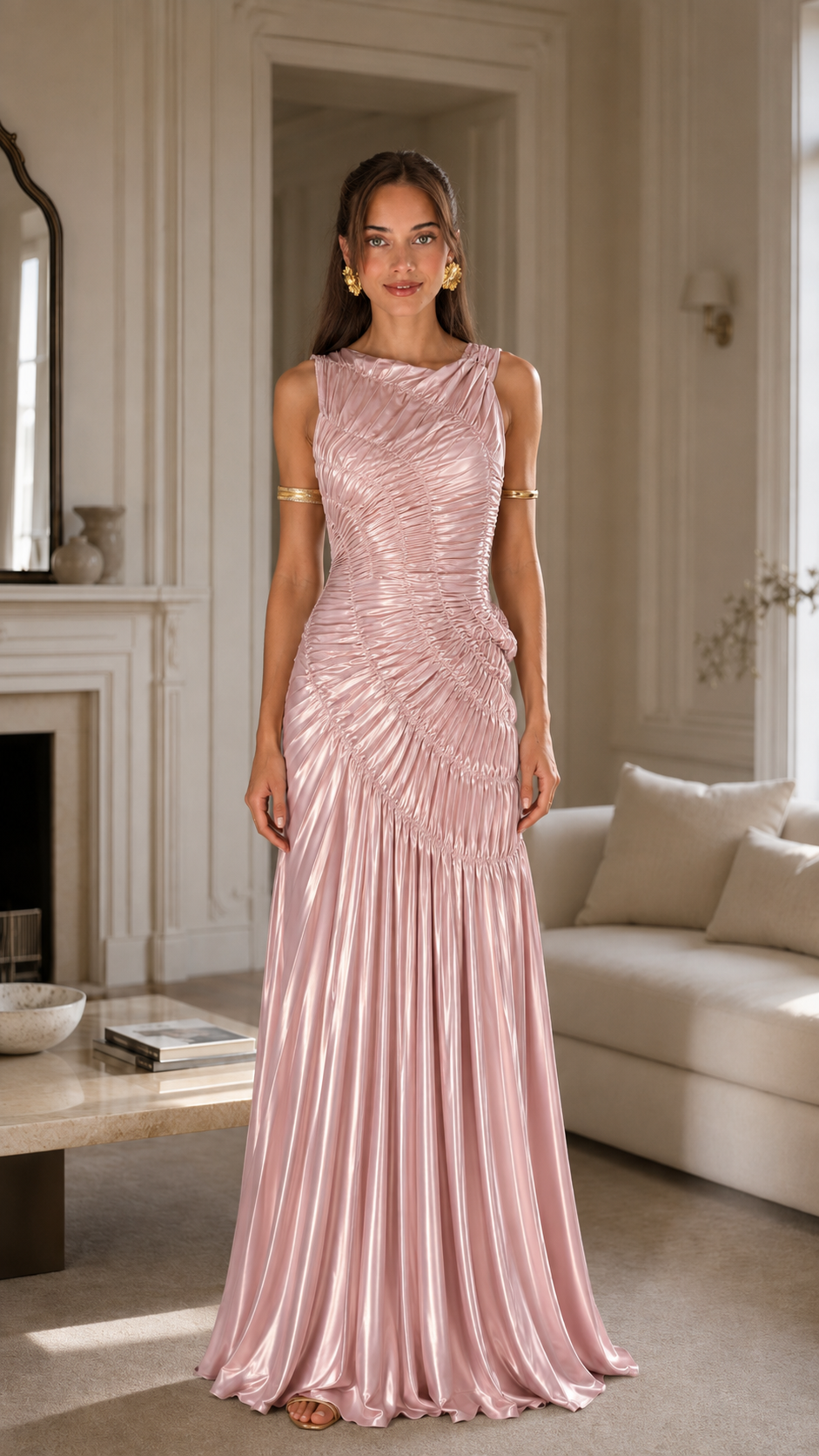 Front view of blush pink ruched sleeveless satin-look mermaid maxi evening gown
