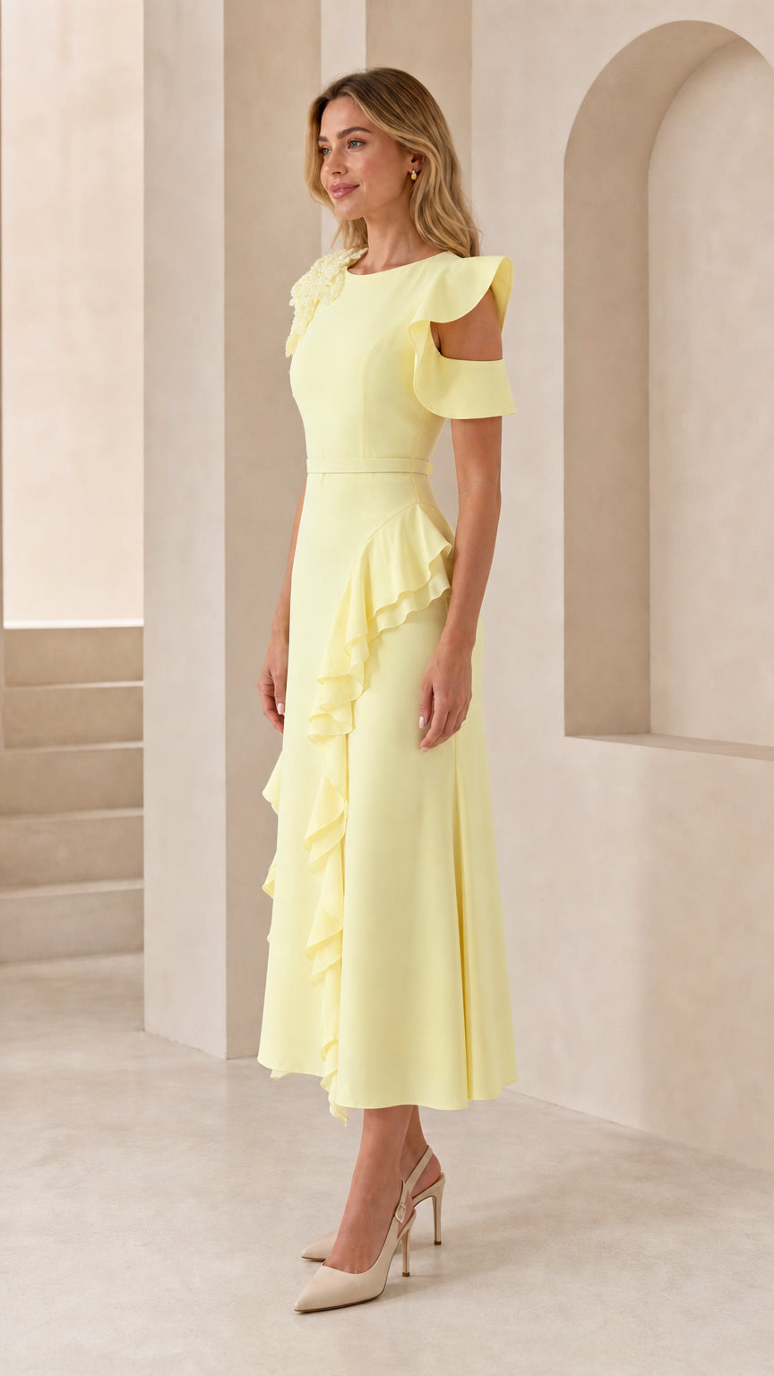 Side angle view of yellow midi dress with cold-shoulder details