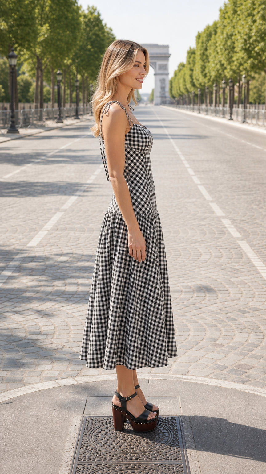 Side view of black and white gingham midi dress