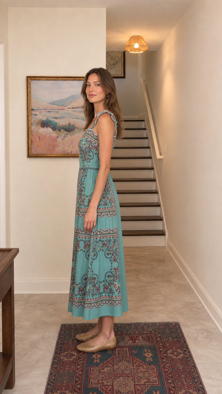 Side view of teal midi dress