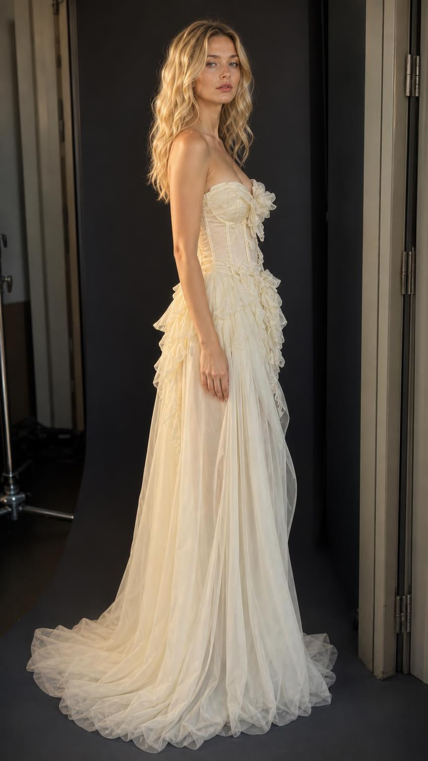 Ethereal Ruffled Corset Strapless Long Gown in Champagne side view