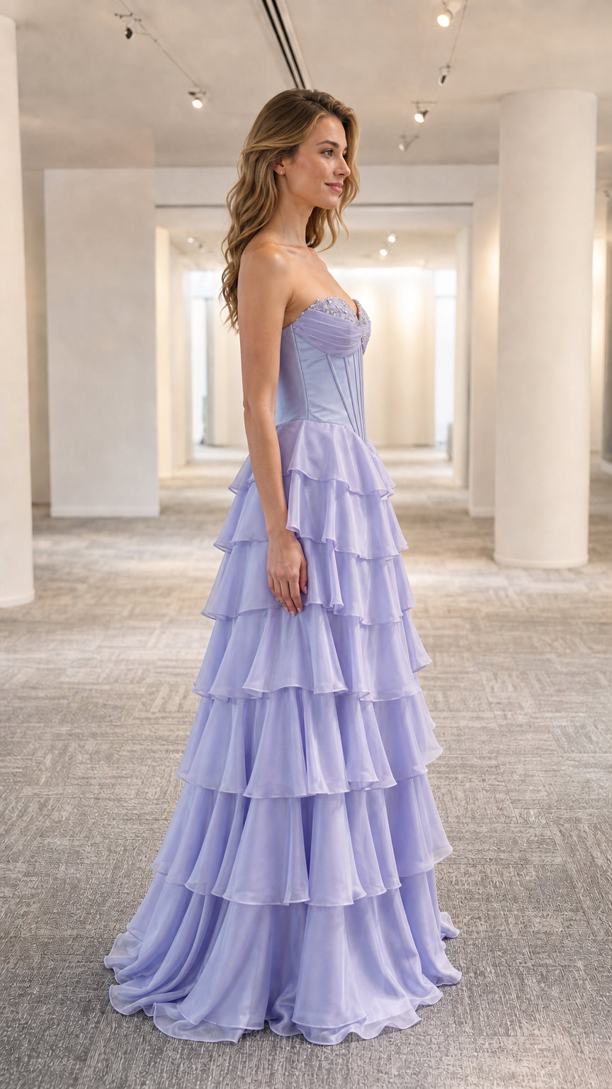 Model wearing lavender evening gown side profile view