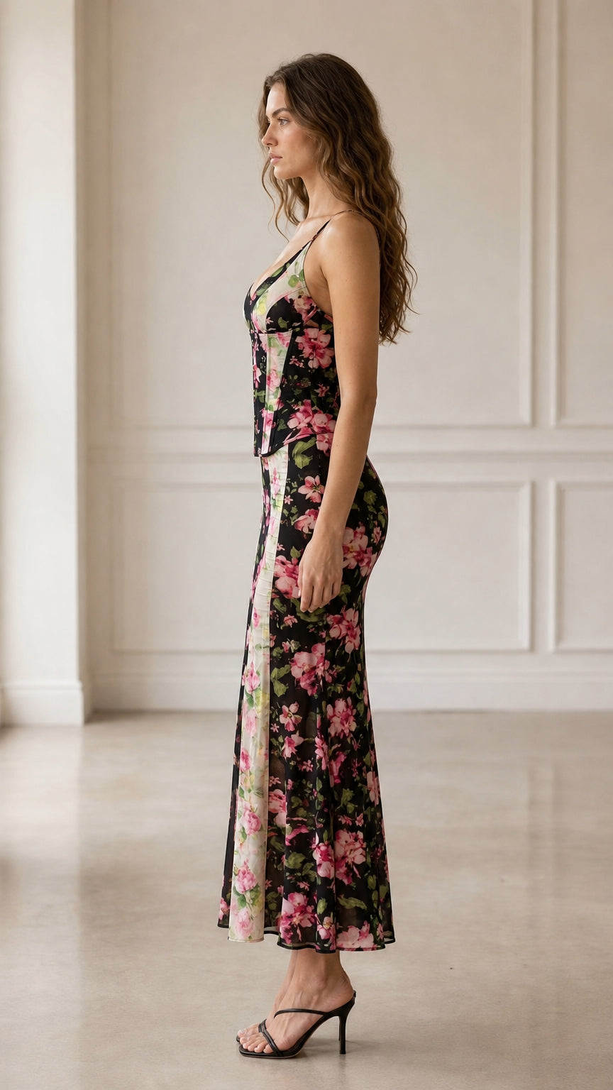 Side profile view of woman wearing Black floral corset midi dress set