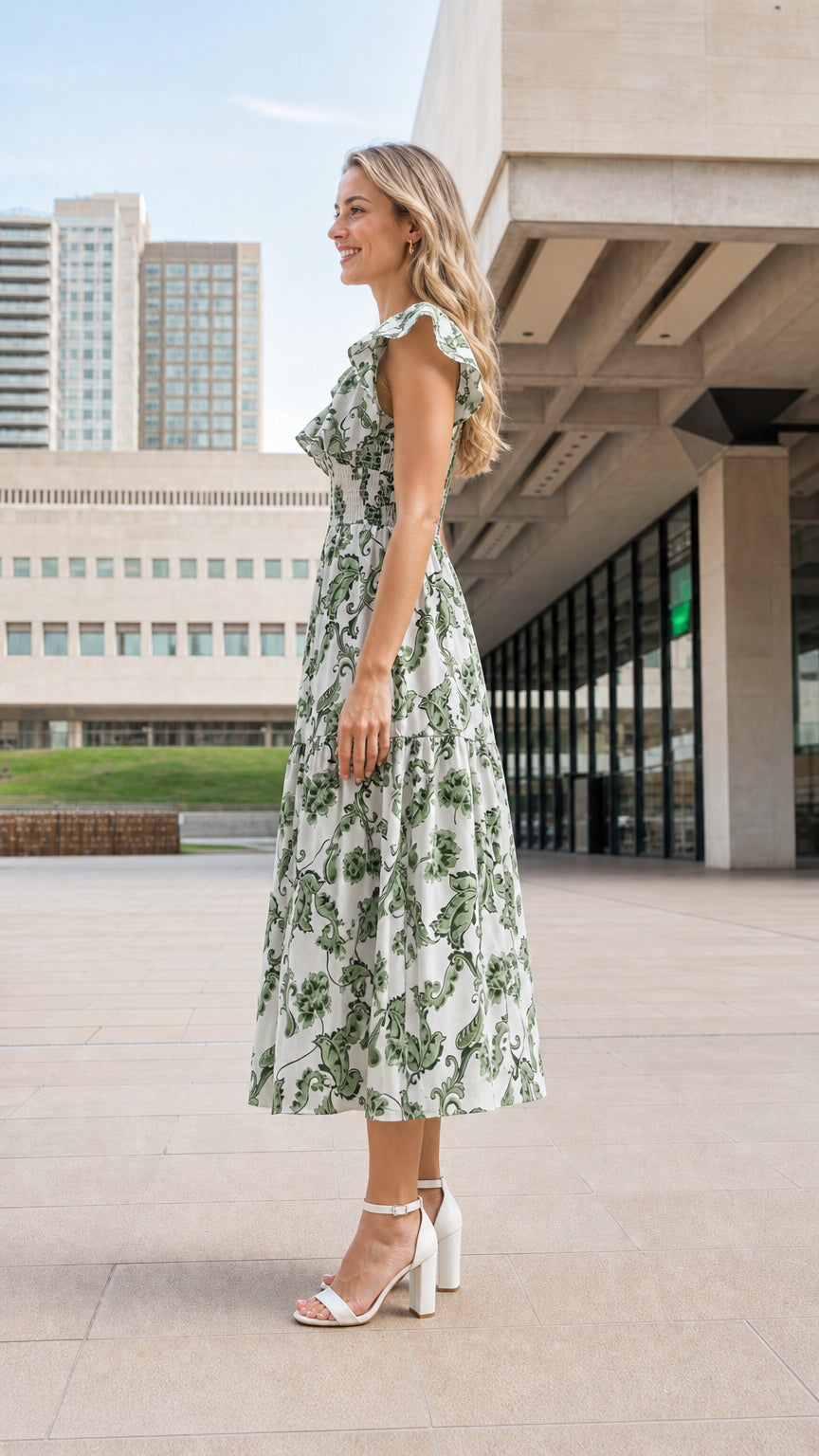 Side profile of woman wearing white floral midi dress