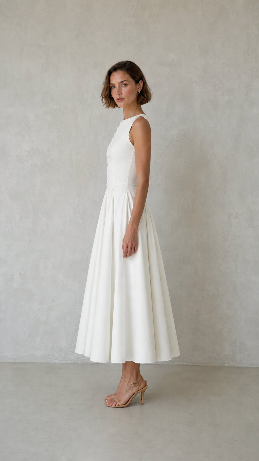 Side profile of woman in white midi dress with heels