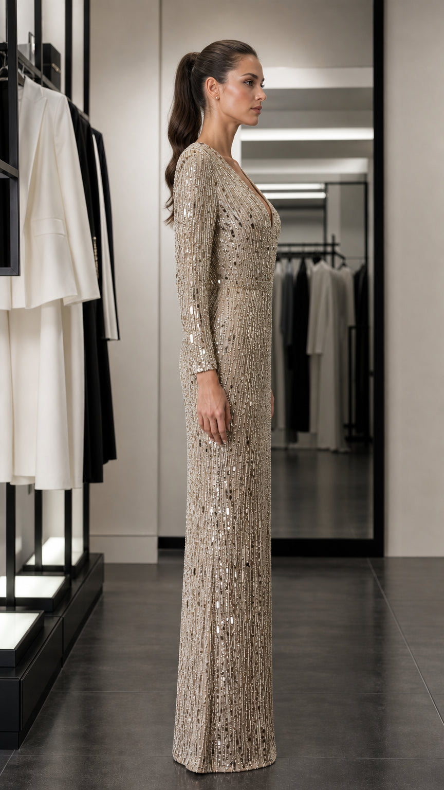 Side profile view of champagne sequined gown