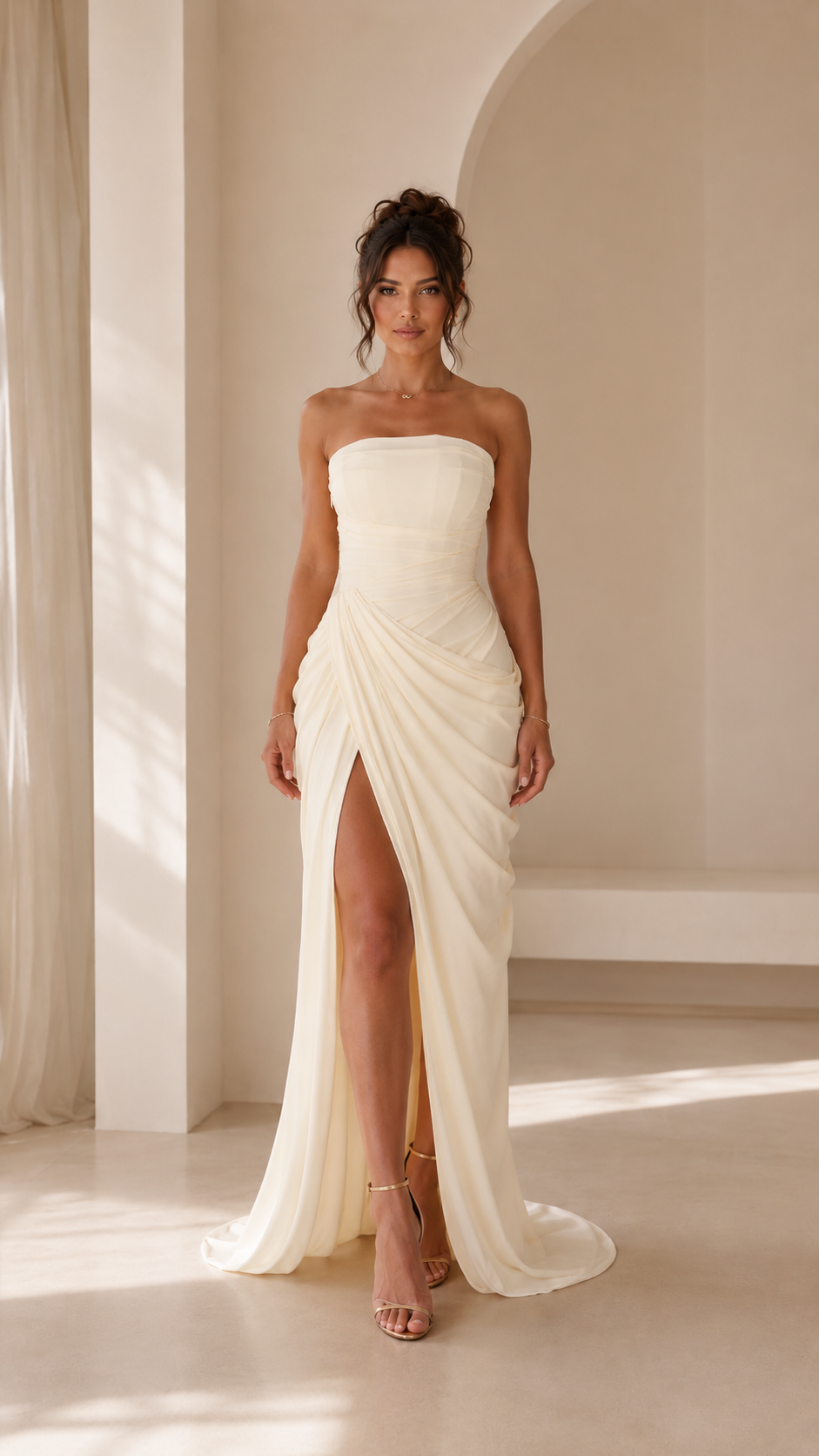 Ivory strapless ruched maxi evening dress with high slit front view