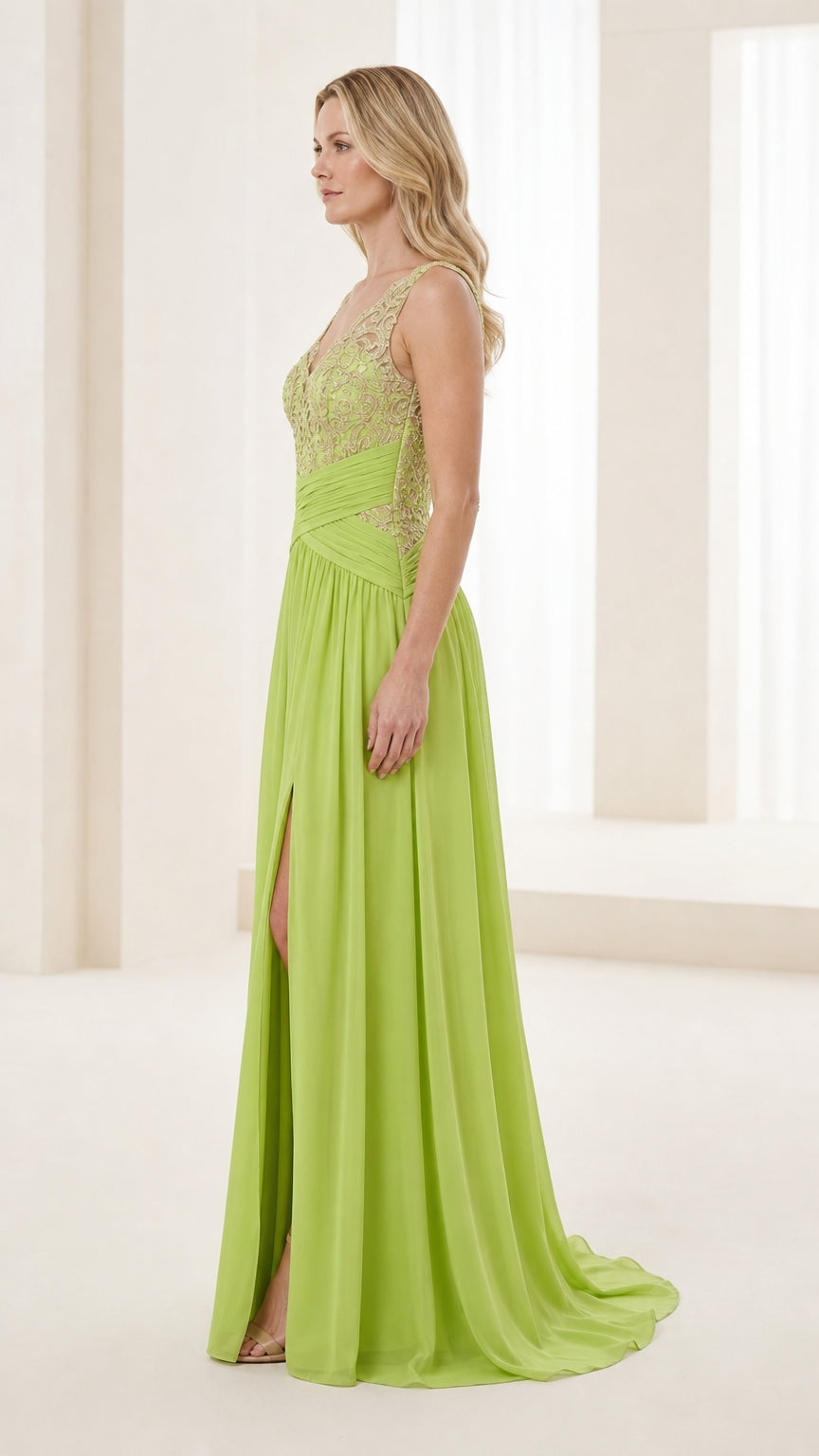 Side profile view of lime green evening gown showing flowing chiffon skirt