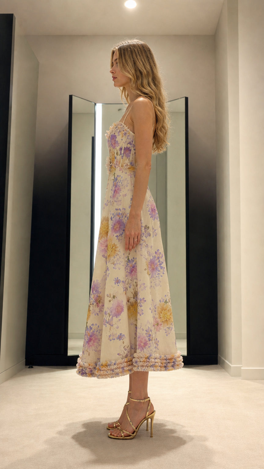 Side profile view of white floral midi dress