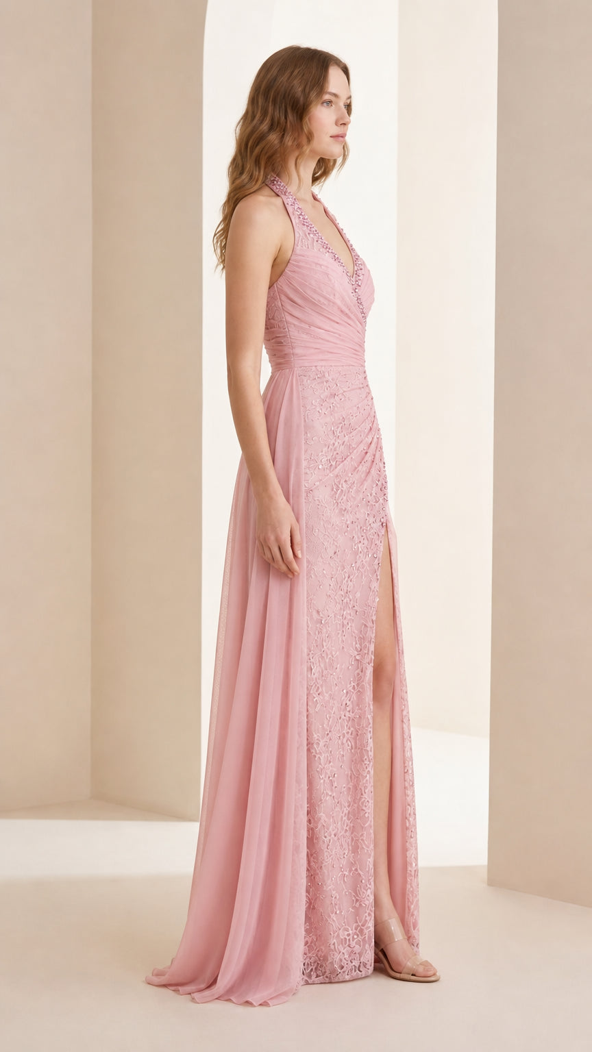 Side profile view of pink formal gown