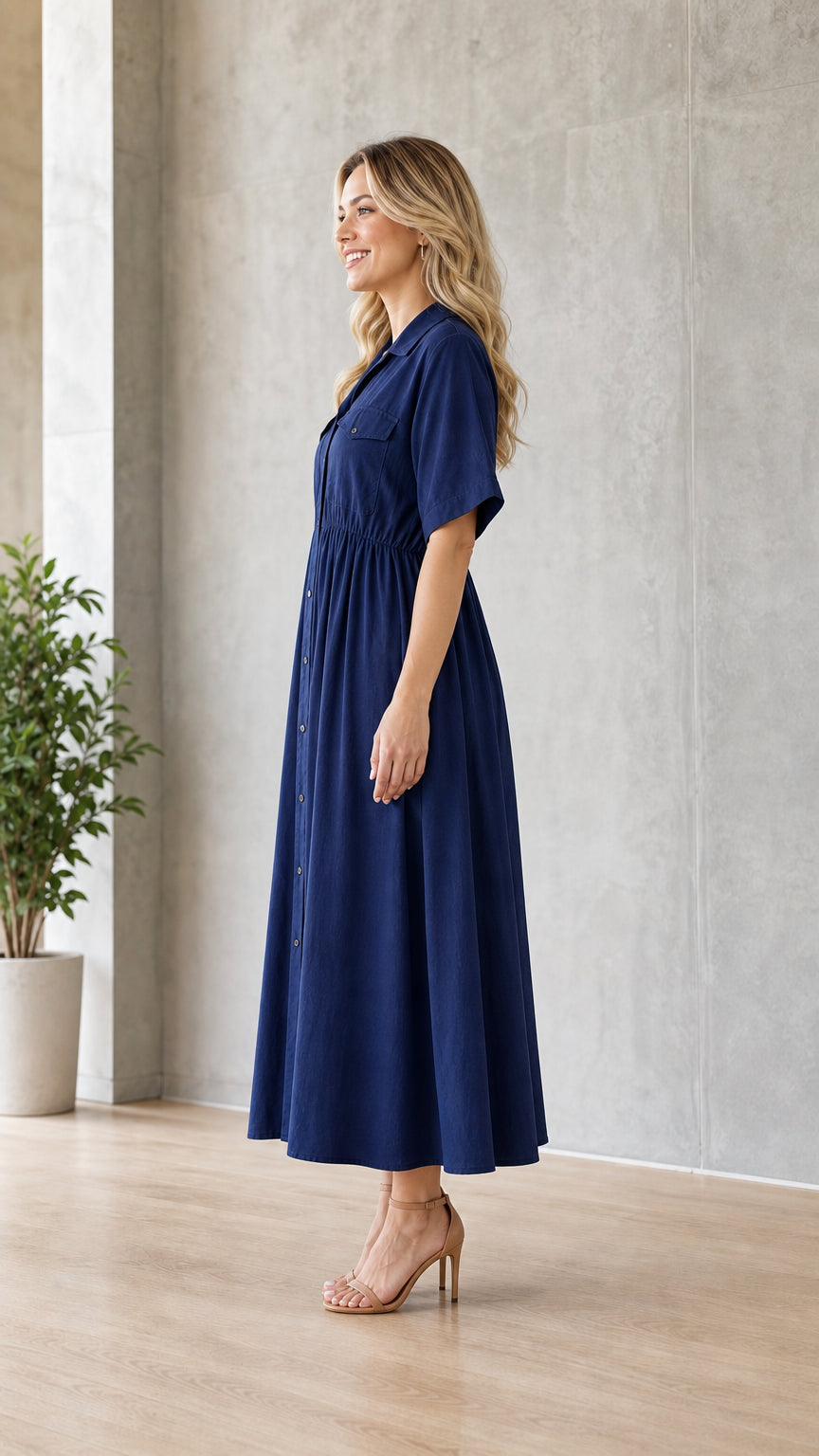 Woman wearing navy blue utility midi shirt dress from the side