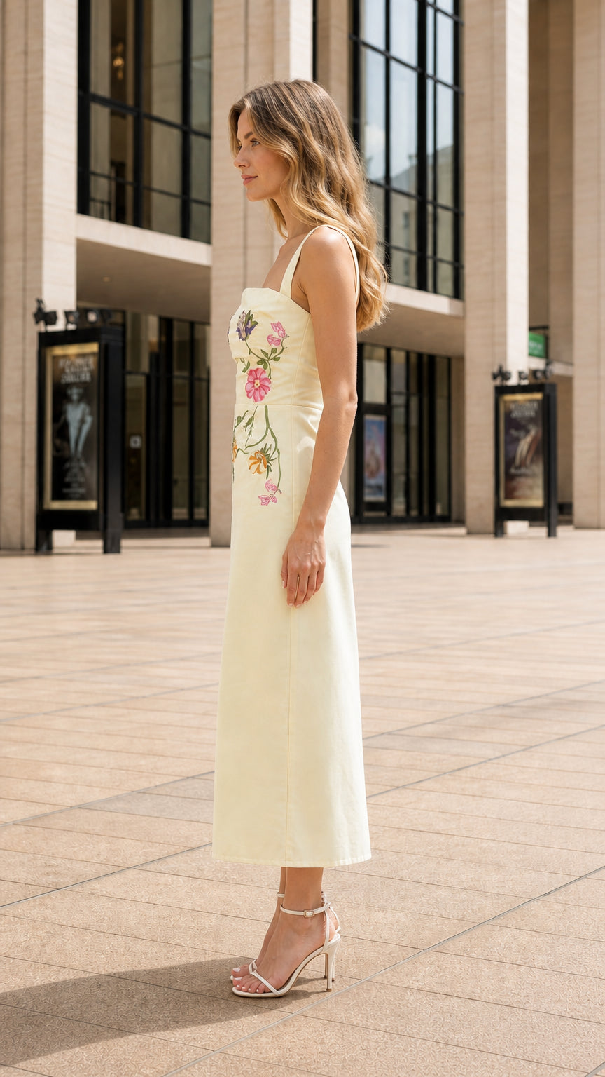 Side profile of model in yellow floral embroidered midi dress