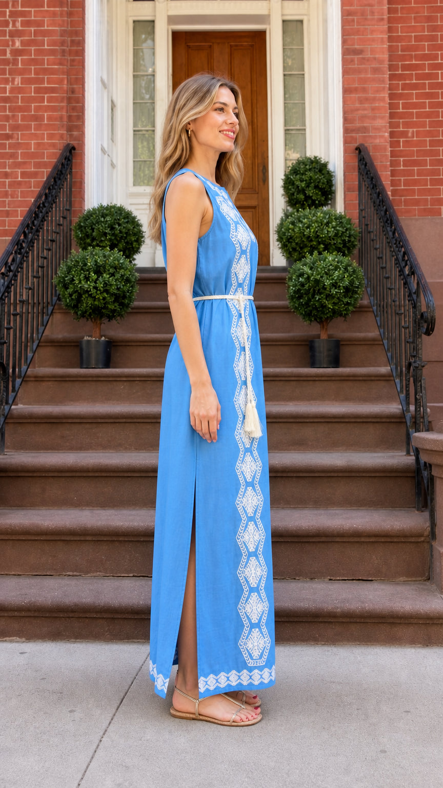 Side view of blue maxi dress showing side slit and relaxed fit