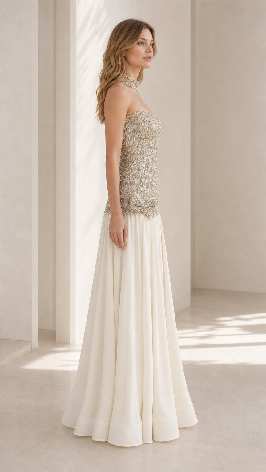 Side profile view of champagne evening gown