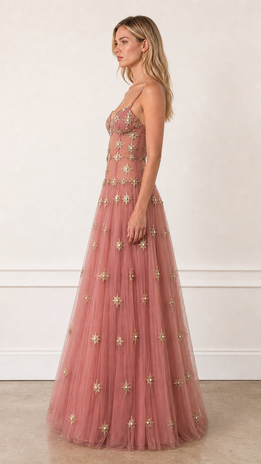 Side profile view of Dusty Rose formal dress