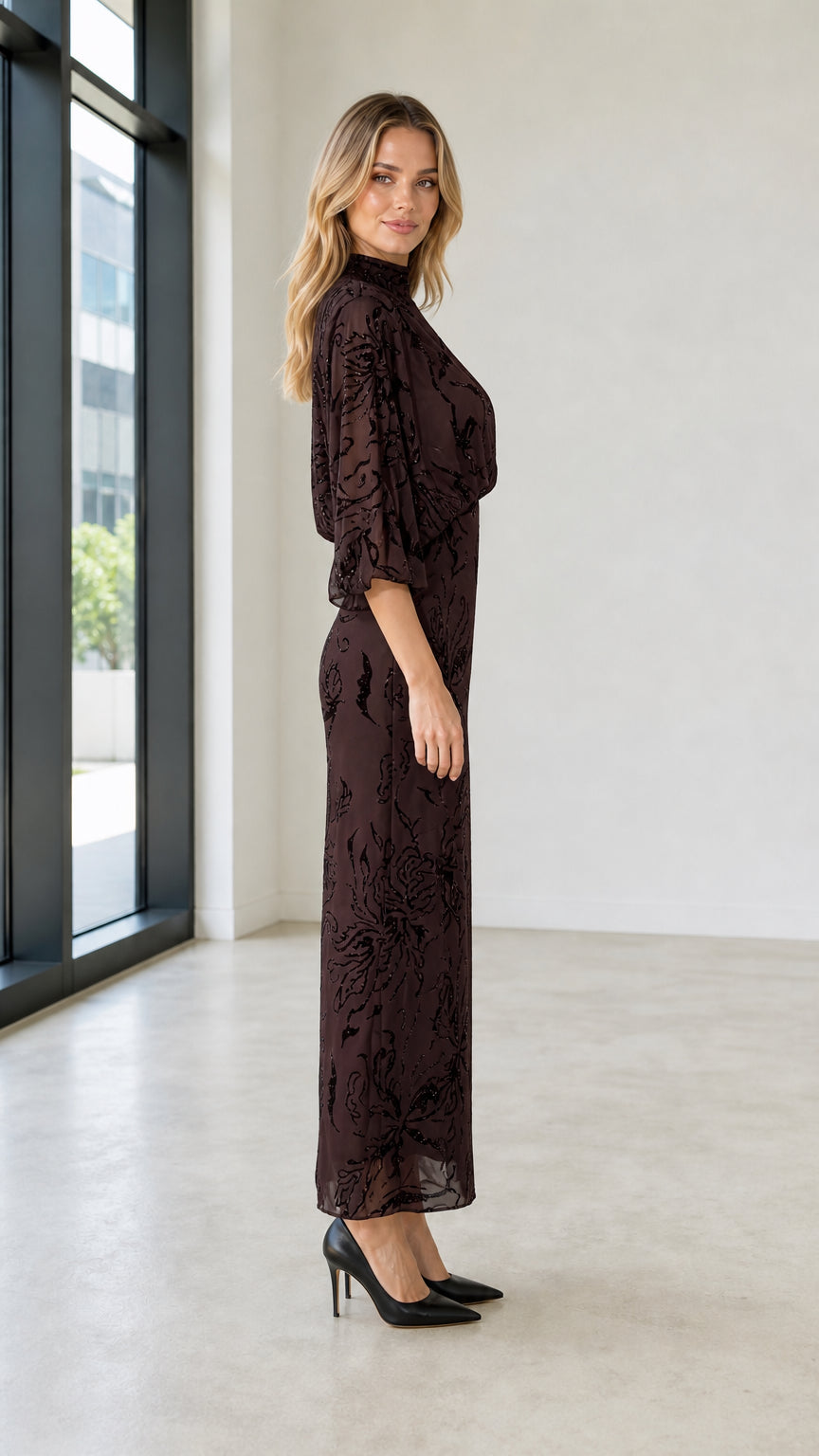 Side profile of Dark Brown maxi dress