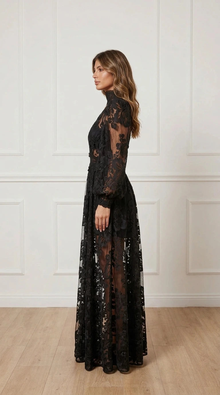 Side profile of black lace long sleeve dress