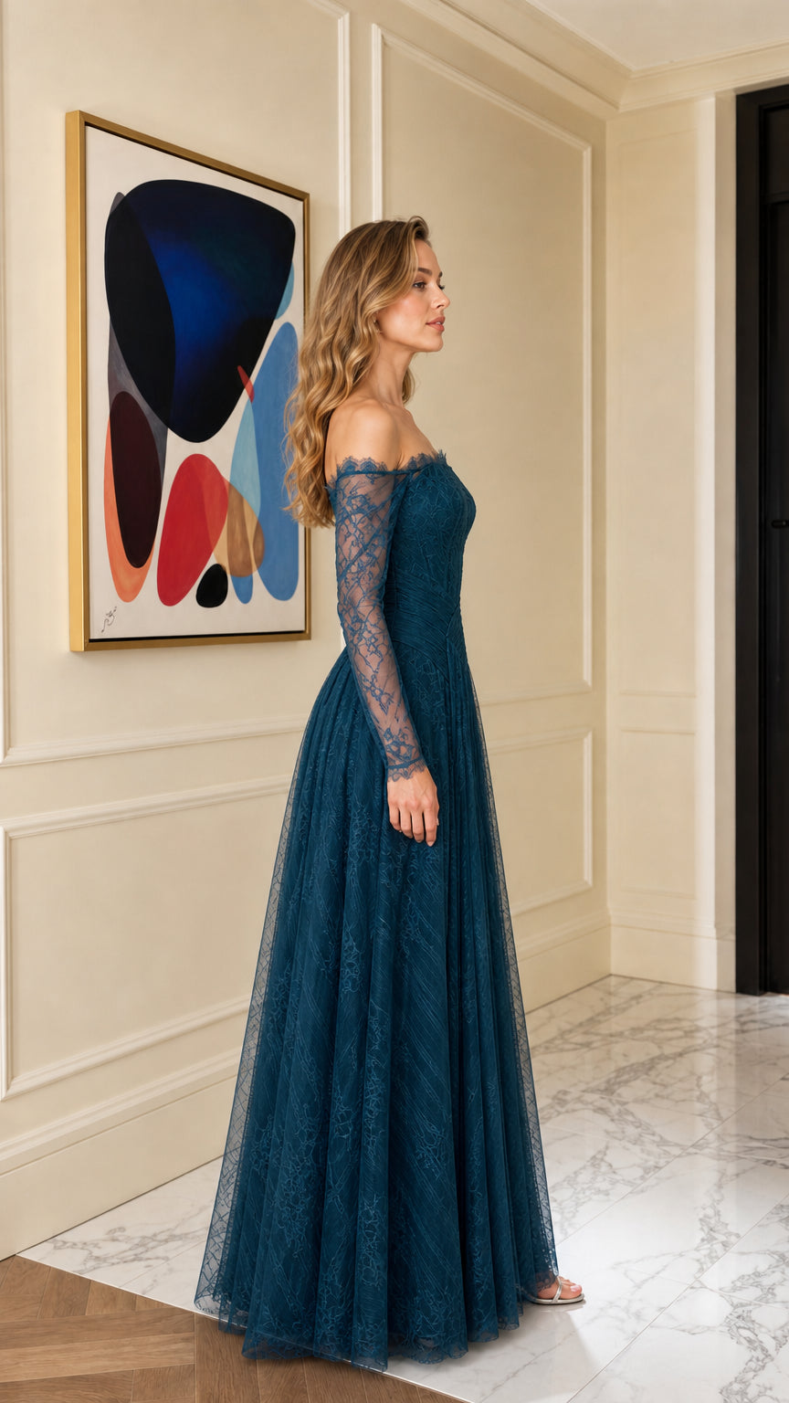 Side profile view of teal lace evening gown