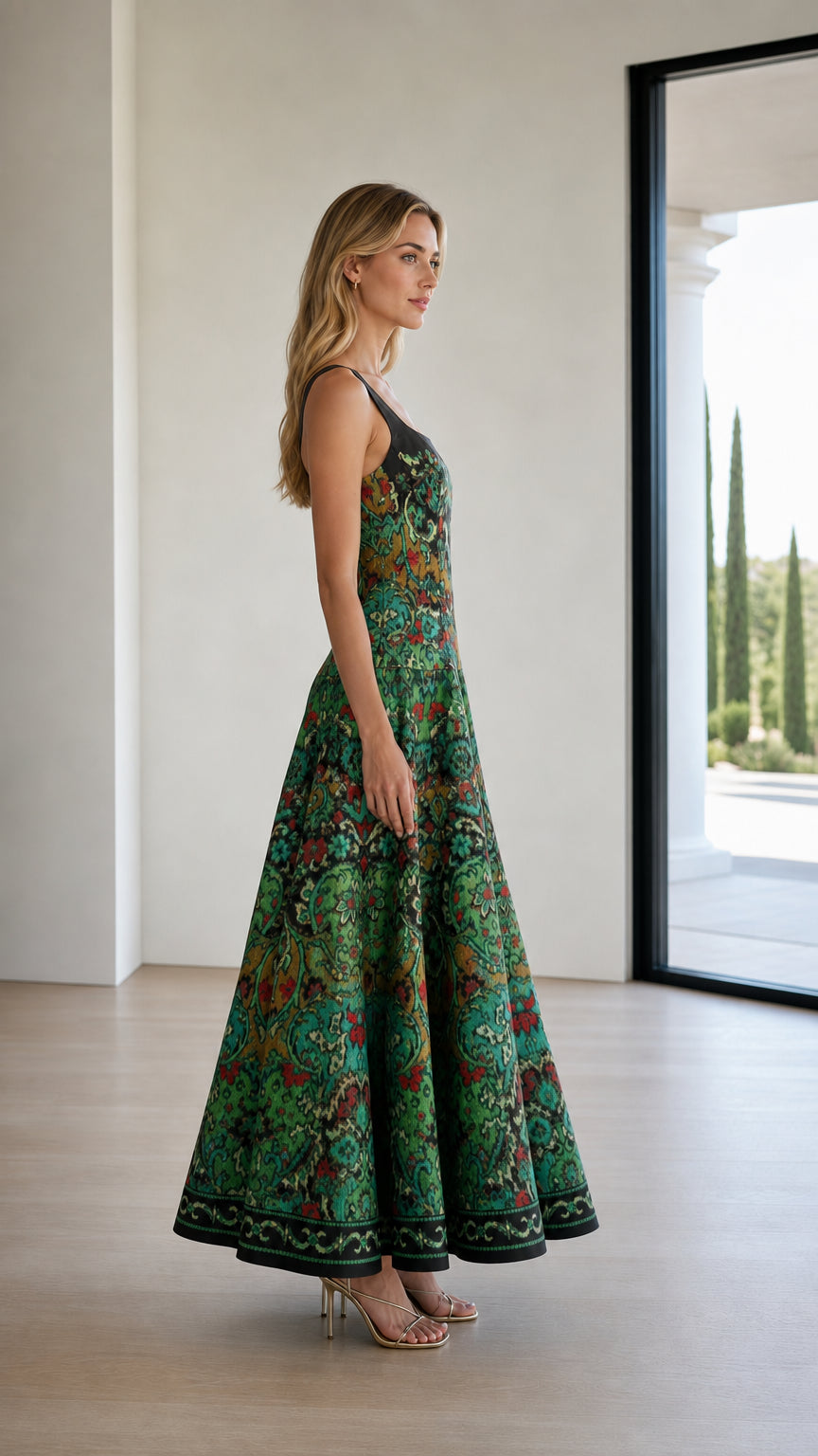 Side profile view of model in green patterned maxi dress