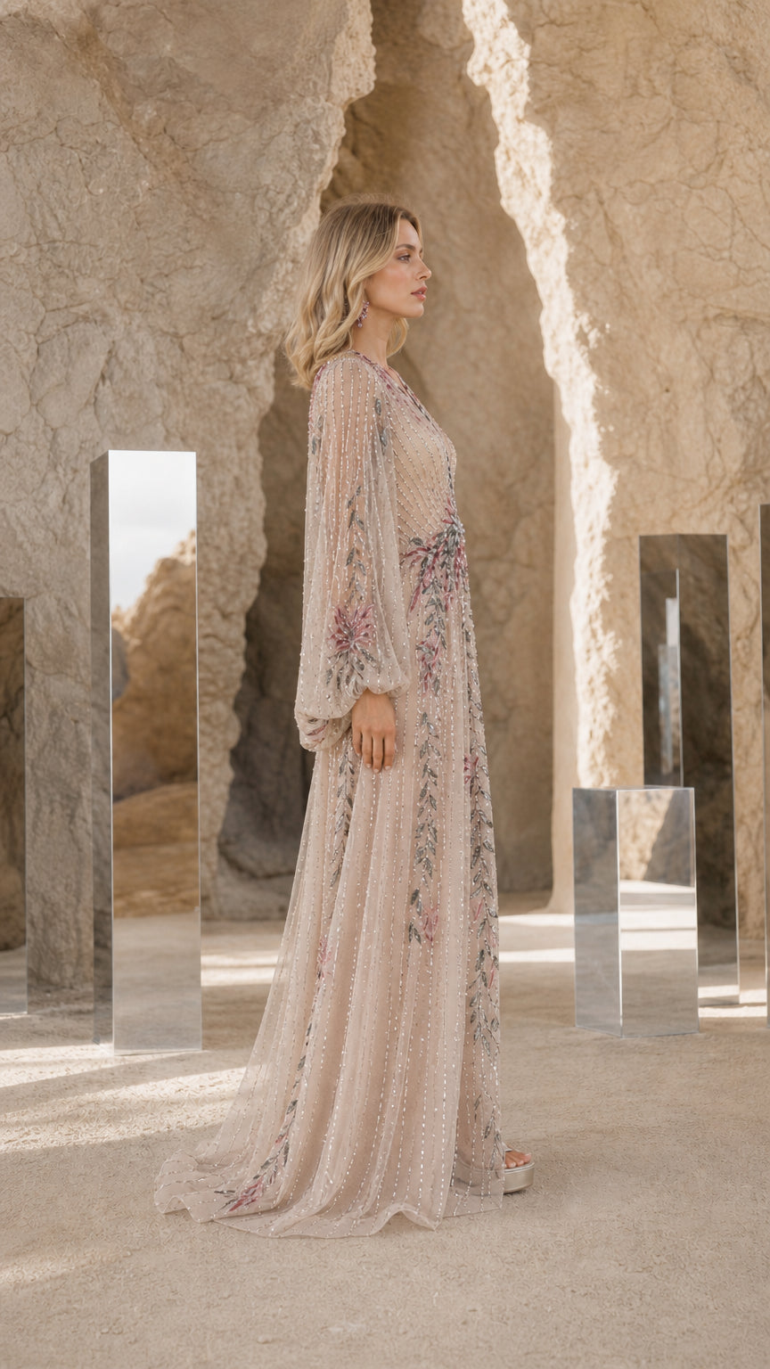 Side profile view of Champagne evening gown