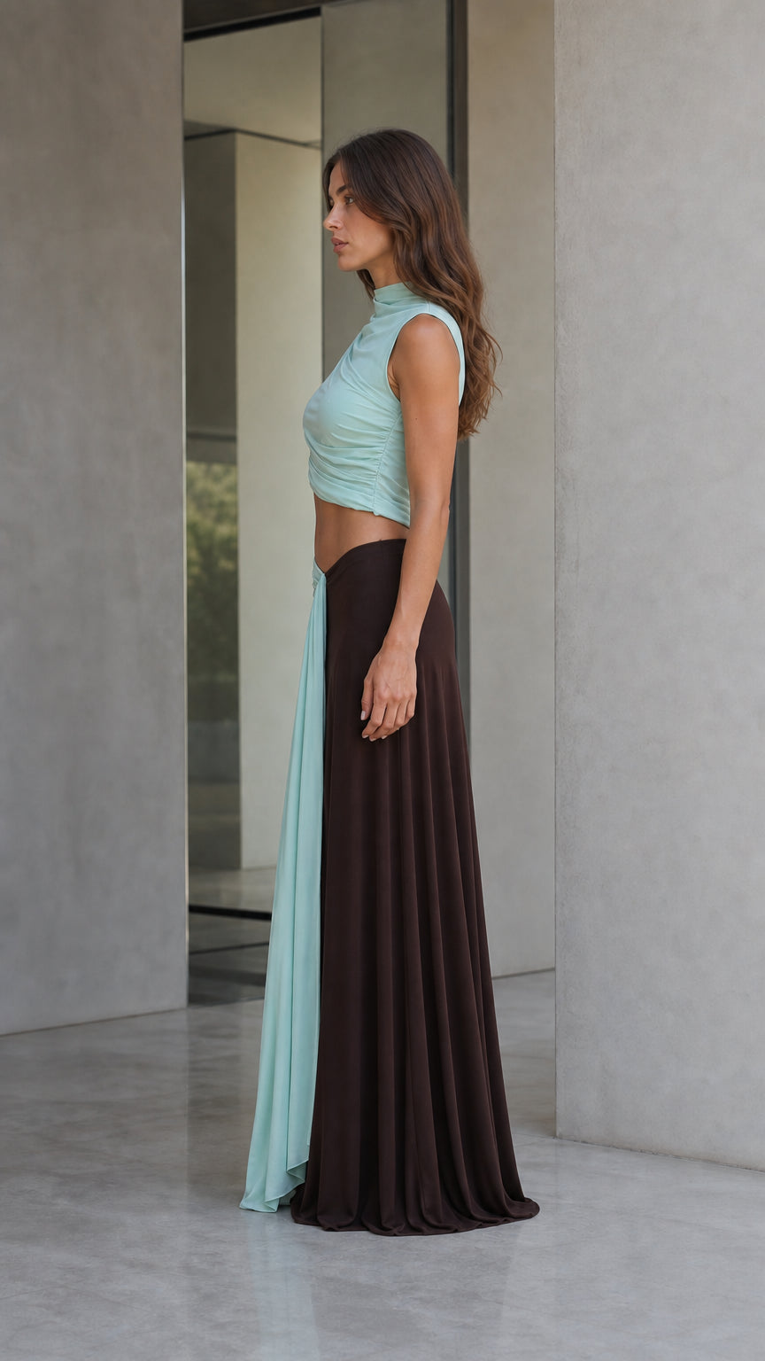 Side profile view of mint and brown two-piece maxi dress set