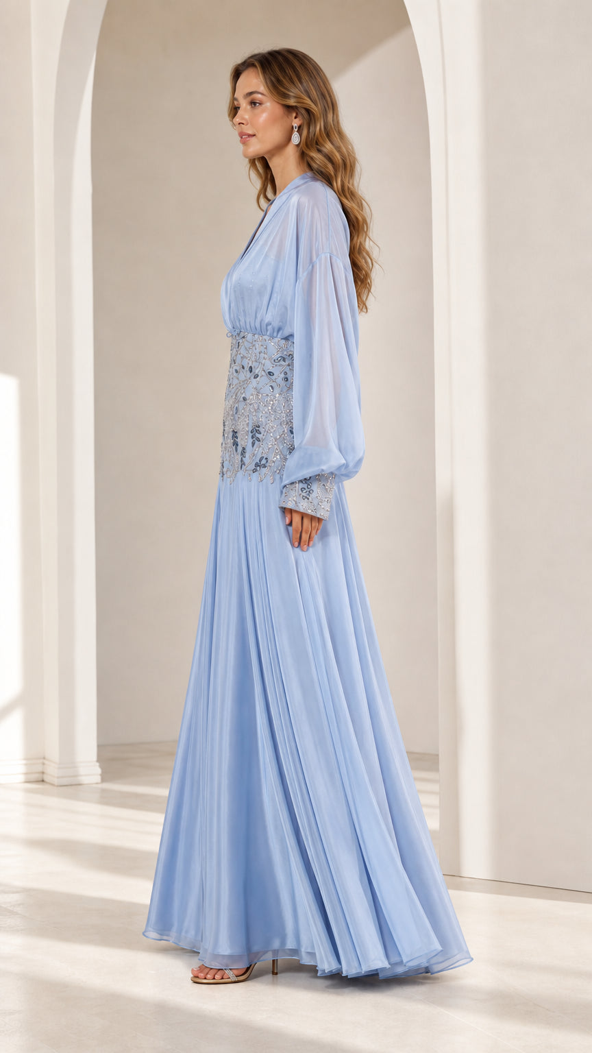 Side profile view of light blue evening gown