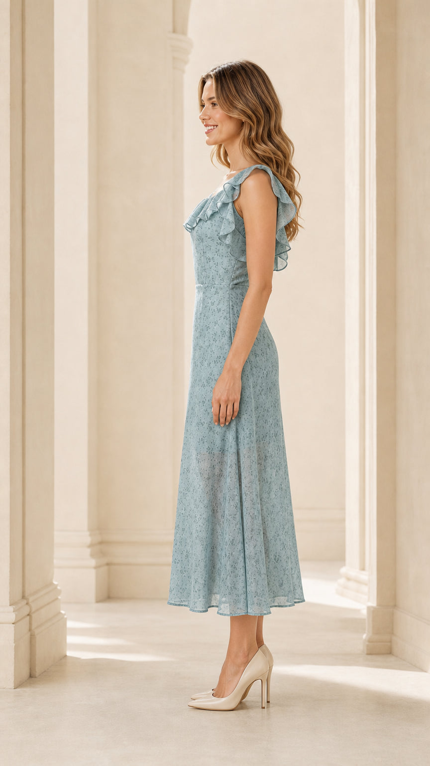 Side profile view of blue midi dress with heels