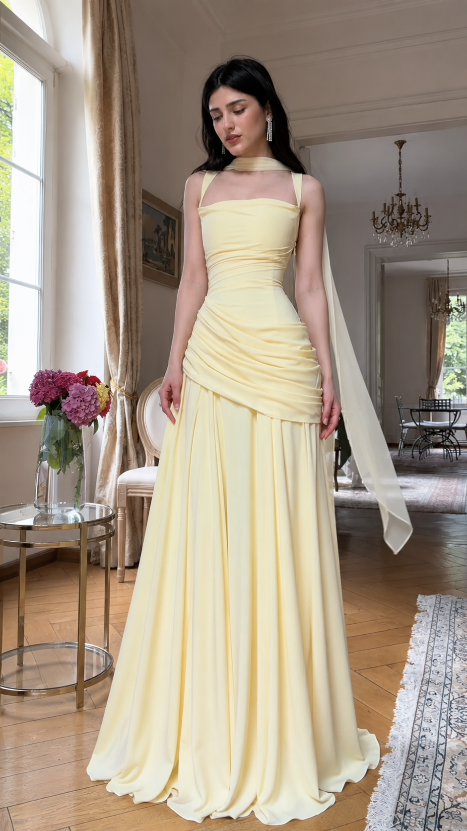 Front view of butter yellow sleeveless ruched formal gown with scarf halter detail